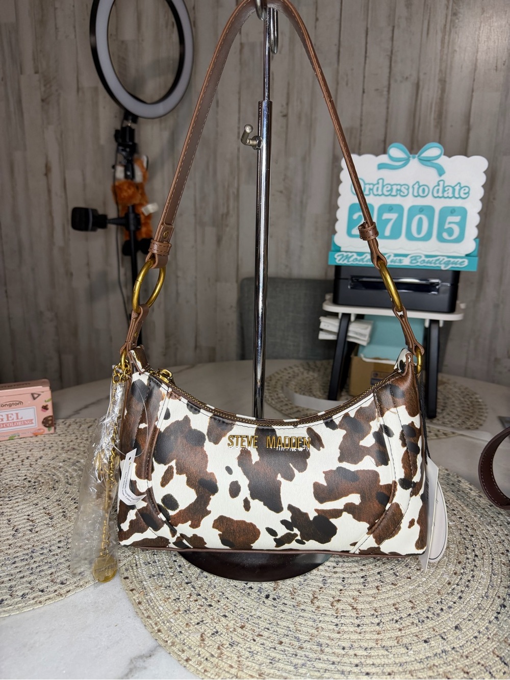 Steve Madden Brown and White Cow Print Shoulder Bag